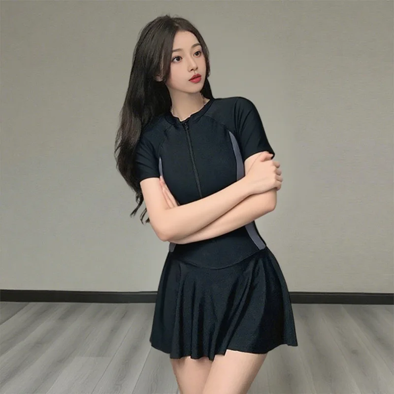 

Скромный купальник, консервативный цельный купальник с юбкой, спортивный простой купальник для похудения, черный женский пляжный купальник, накидка