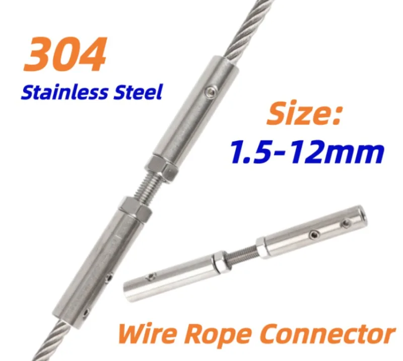 304 Stainless Steel Adjustable Double Wiring Wire Rope Connector 2 Sections Bolt Latch Butt Joint Sleeve 1.5-12mm