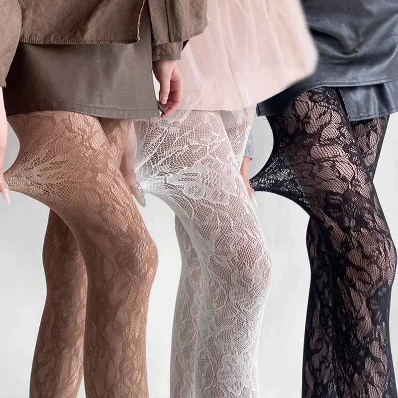 3Pair Women's Flower Embroidery Mesh Hollow Out Silk Stockings JK Fish Net Tights Cool Girls Colored Hipster Harajuku Pantyhose