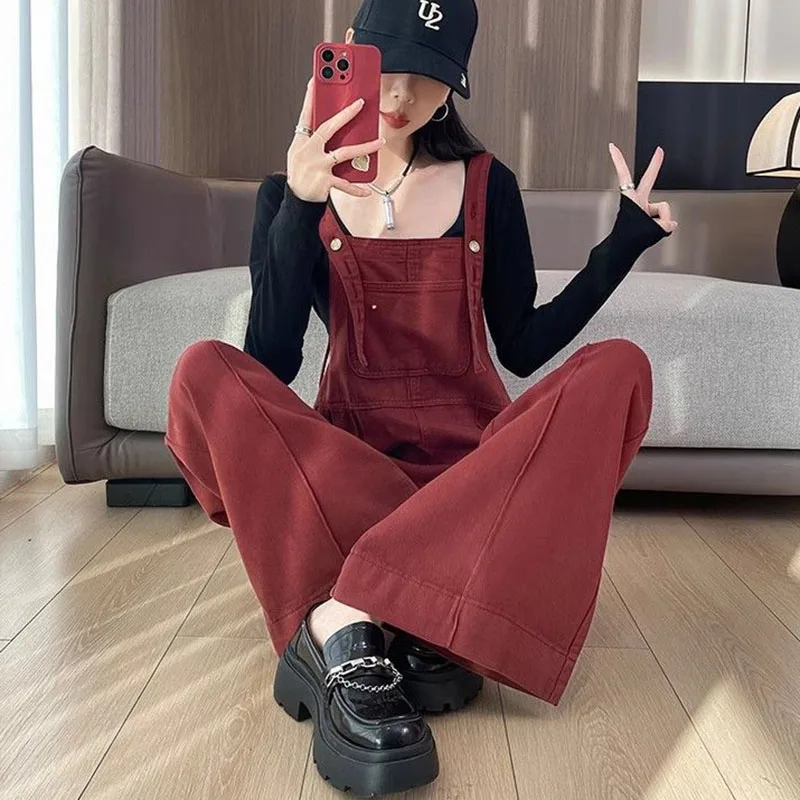 

New Women's Wide-leg Denim Overalls, Spring Autumn High-waisted Long Shoulder Strap Jeans, Female Korean Design Denim Jumpsuits