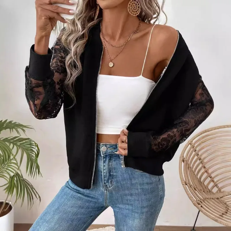 2026Elegant Women's Long Sleeved Baseball Jacket Top Lace Coats&Jackets New Style Suitable for Spring and Autumn Splicing Unique