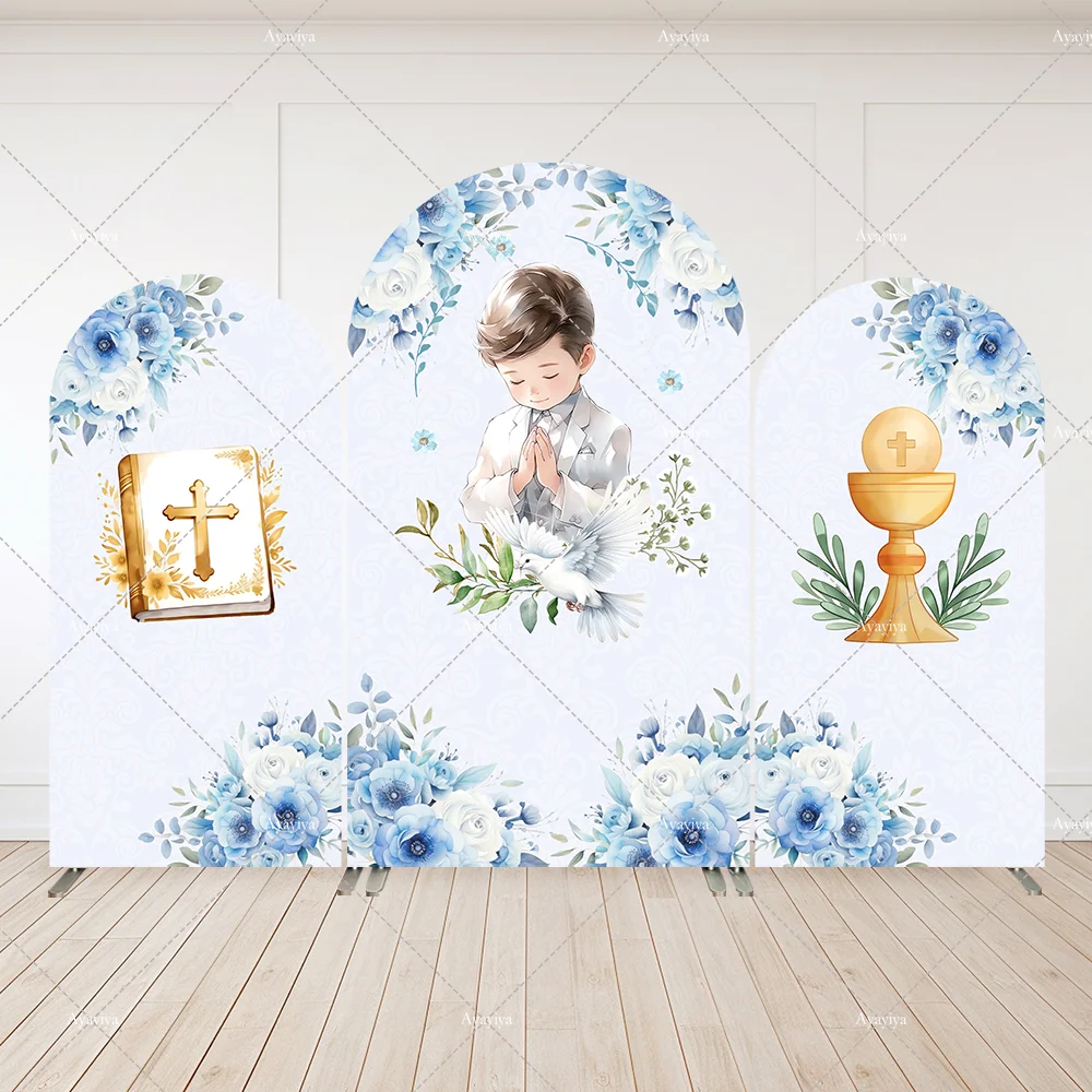 Jungen Taufe Bogen Hintergrund Abdeckung Gold Kreuz Gott segne Party Hintergrund Dekoration Erstkommunion Party gewölbte Wand Banner