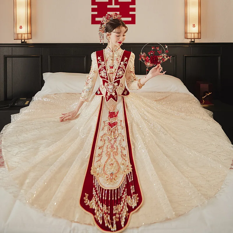 Xiuhe-Robe de Mariée Fine Dorée, Vêtement d'Été, Industrie Lourde Alberoise