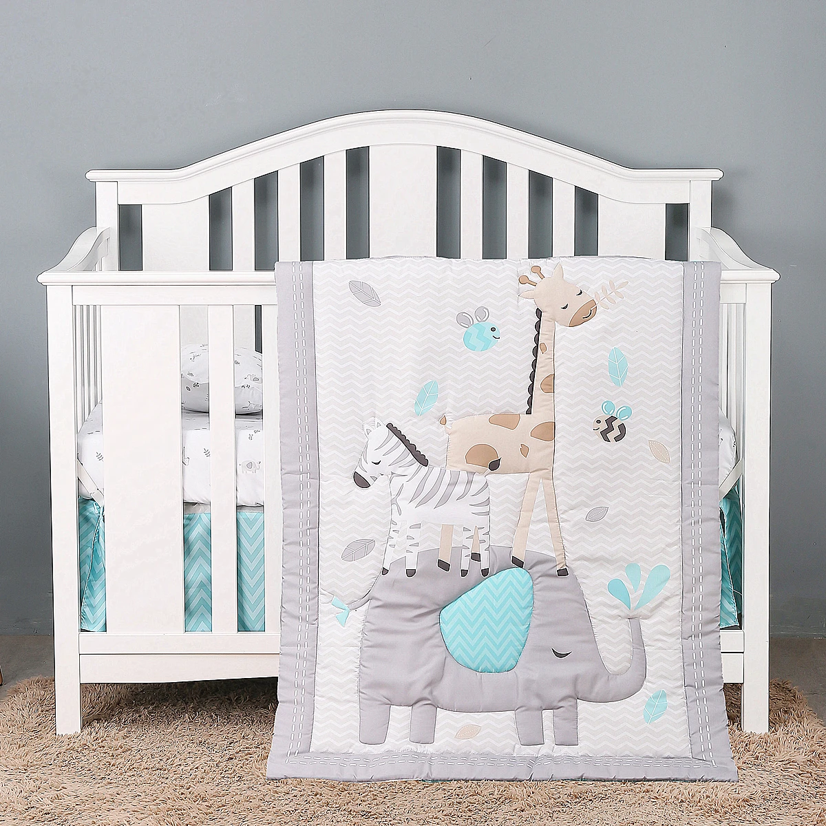 

3Pcs luxury Soft Newborn Kids Baby Cot Bed Crib Bedding Set Embroidered Crib Sheet Set (Baby Comforter Fitted Sheet Crib Skirt)