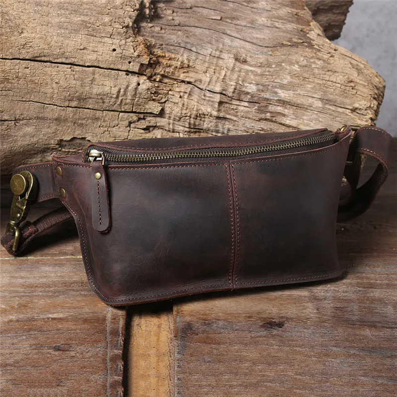 Vintage multifunctional genuine leather men chest bag crazy horse cowhide waist pack outdoor sports small shoulder crossbody bag