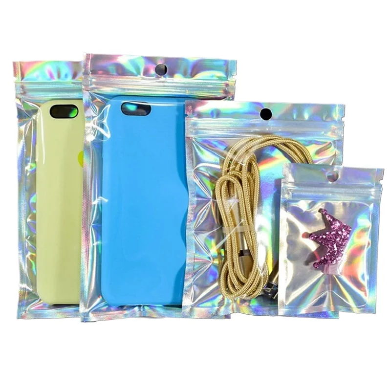 

Flat Bottom Clear Front Holographic Ziplock Packaging Bag DIY Cocoa Matcha Sugar Nail StickersCandy GiftsStorage Hanging Pouches