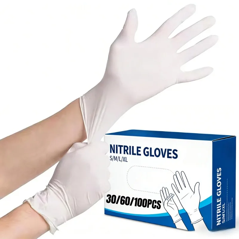 30/60/100PCS White Nitrile Gloves Multipurpose Hair Dye Cleaning Gloves Stain Visible Design For Salon Coloring Kitchen Hygiene