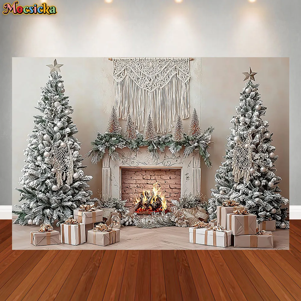 Mocsicka Photography Background Christmas Tree Fireplace Garland Holiday Decoration Boys Girls Photo Backdrop Studio Props