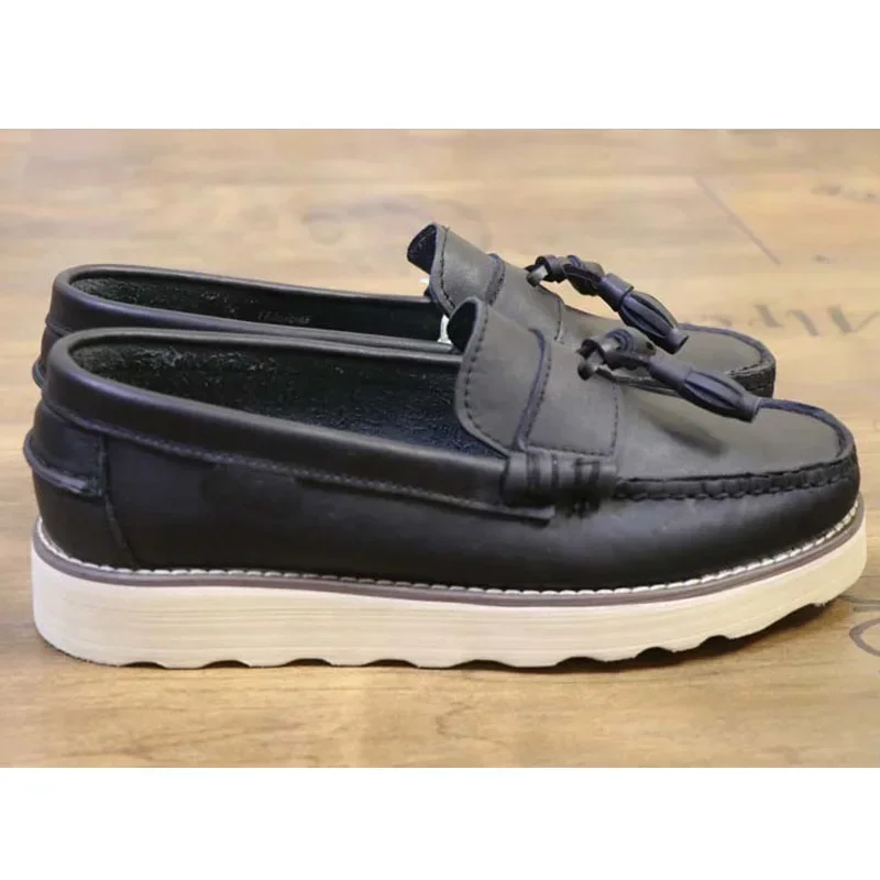 Men’s Comfort Fashion Luxury Genuine Leahter Moccasin Boat Shoes Thick Heel Women Casual Loafers Driving Shoes Slip On Fringe