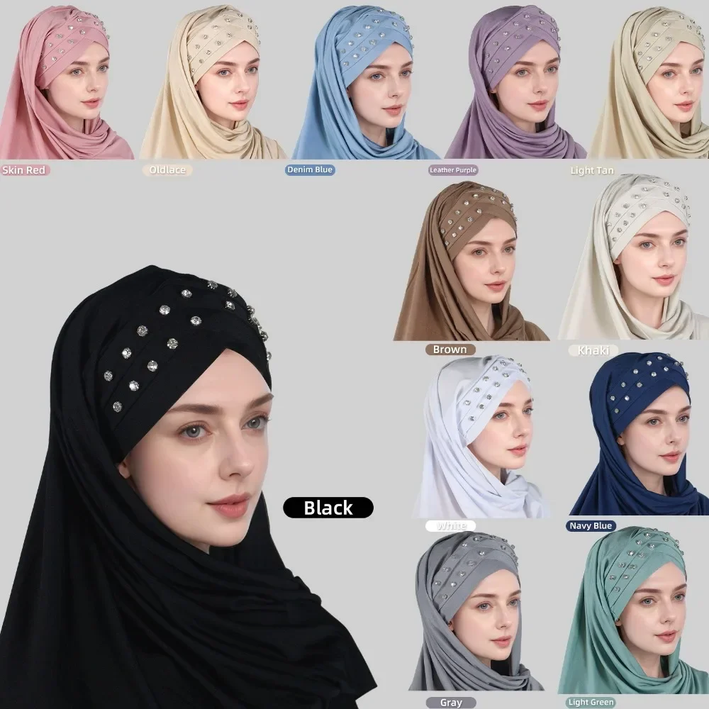 Women Shiny Diamonds Instant Hijab Muslim Crossed Forehead Turban  Premium Cotton Crystal Hemp Plain Hijabs Cover Neck