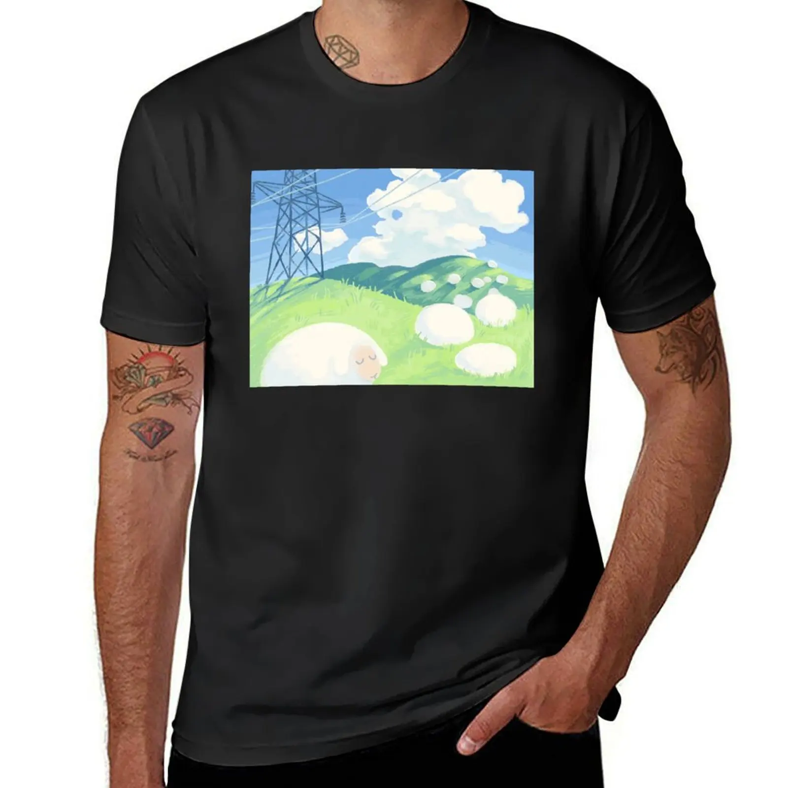 a flock of sheep on a grassy field T-Shirt blacks anime customs design your own mens big and tall t shirts