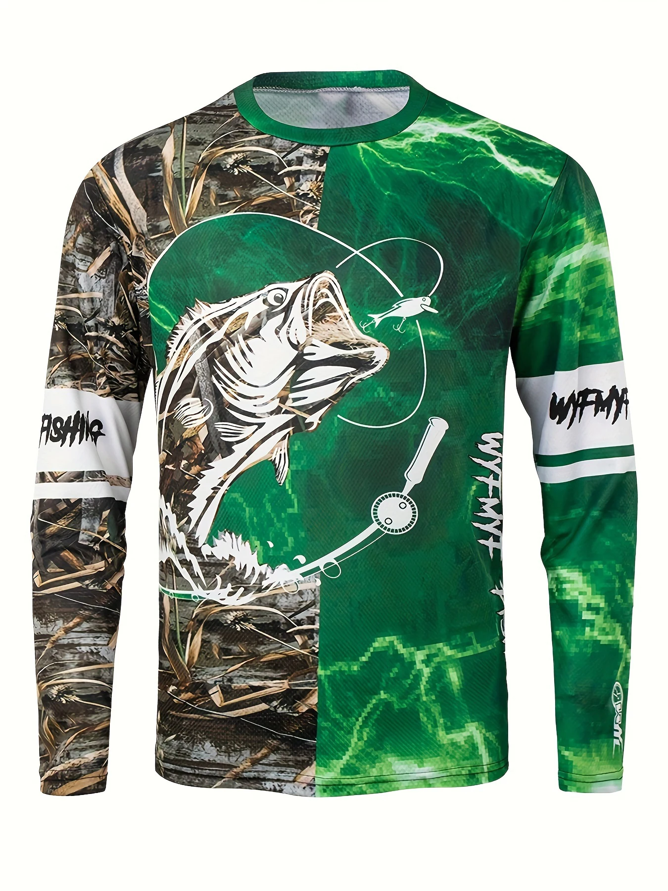 قميص صيد رجالي بأكمام طويلة، طباعة سمكة ثلاثية الأبعاد، بوليستر خفيف الوزن مسامي، رقبة دائرية، لصيد الأسماك وركوب الدراجات والتخييم