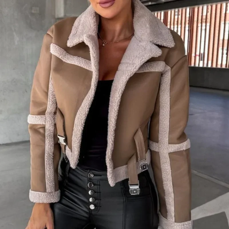 Retro Splicing Faux Leather Jackets for Women Fashion Warm Autumn Winter Outerwear Female Fleece Long Sleeve Short Coats Mujer