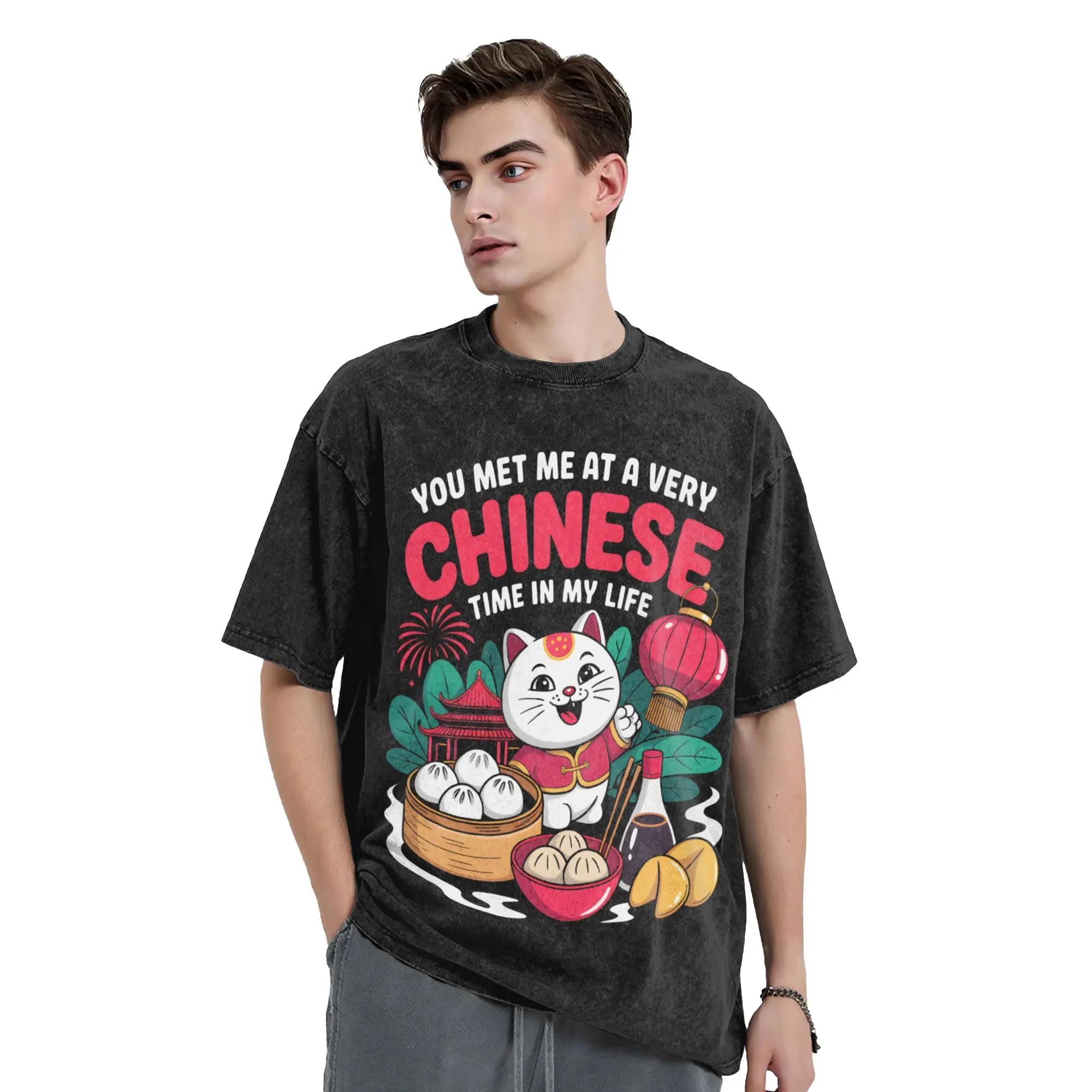you met me at a very chinese time in my life Vintage Washed T-Shirts Cat Novelty Pure Cotton Tees Crew Neck Short Sleeve T Shirt