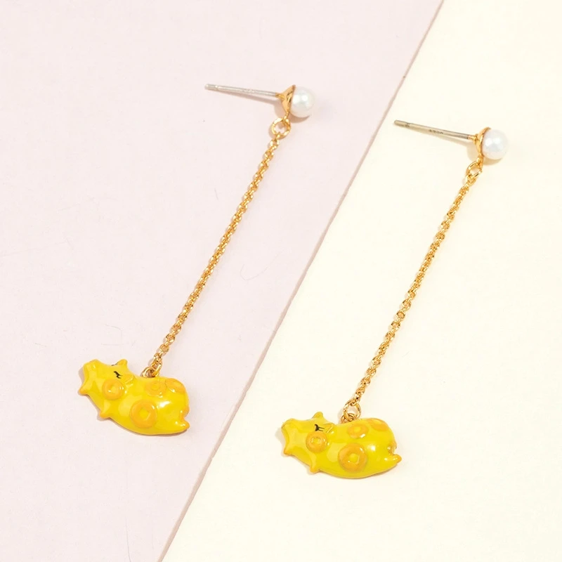 

New in National Trend Cute Little Yellow Pig Earrings Long Animal Zodiac Earrings Hand-painted Enamel Three-dimensional Earrings