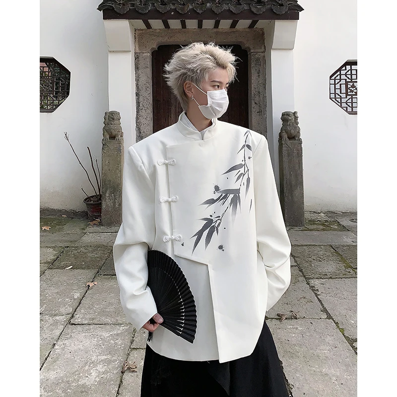 

White New Chinese Sle Men's Suit Jaet Casual Stand Collar Padded oulder Western Sle Top irt Tang Costume Evening Gown