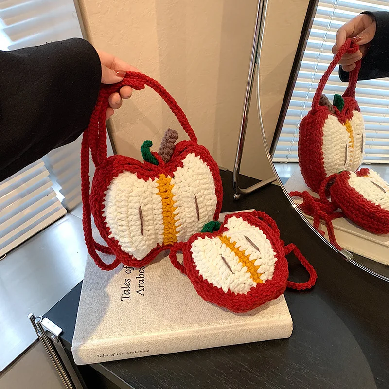 Red Apple Handbag Cute Corduroy Shoulder Bag Stylish Woven Bag Handmade Fashion Cotton Rope Crossbody Bag Knit Purse for Women