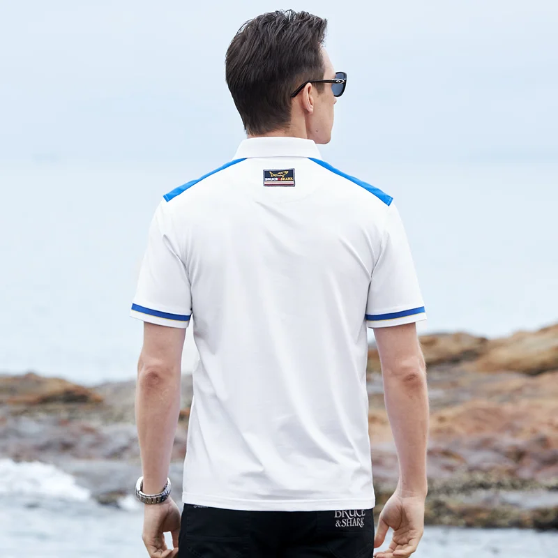 New Business Men's Short Sleeve Cotton Lycra Polo Shirt Bruce&Shark Casual Fashion Embroidery Man Tee Shoulder Spell Color Big