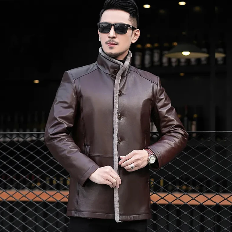 

Men's Genuine Leather Jacket Winter Velvet Fur Integrated Thicken Mid To Long Style Stand Collar Real Sheepskin Coat Male Brown