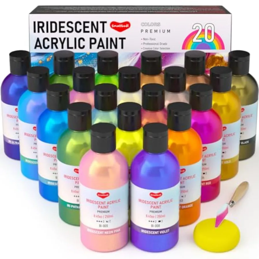 

20 Colors Iridescent Acrylic Paint 8.45oz/250ml Large Bulk Metallic Acrylic Paint Color Shifting Non-Toxic Art Painting Supplie