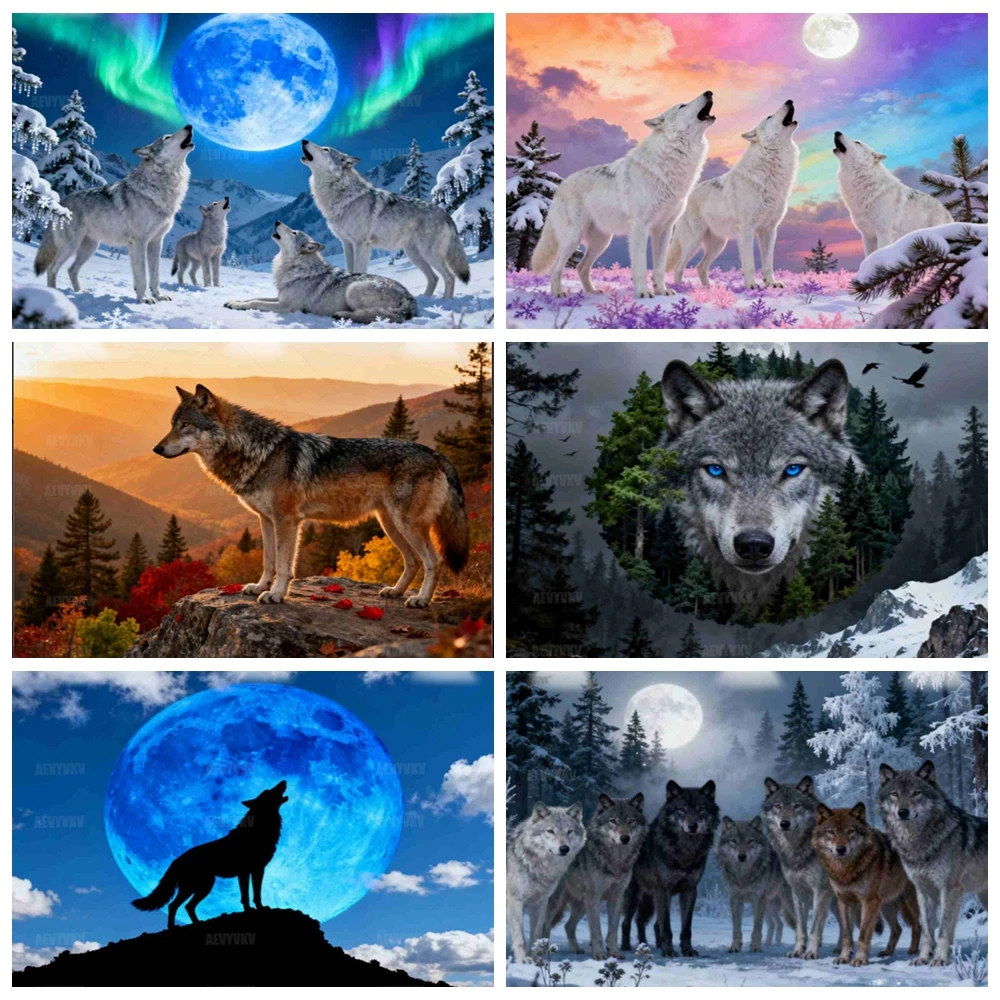 

Snow Forest Wolf Pack Howling at Full Moon Backdrop Winter Wildlife Photography Background for Party Decor Photo Booth Banner
