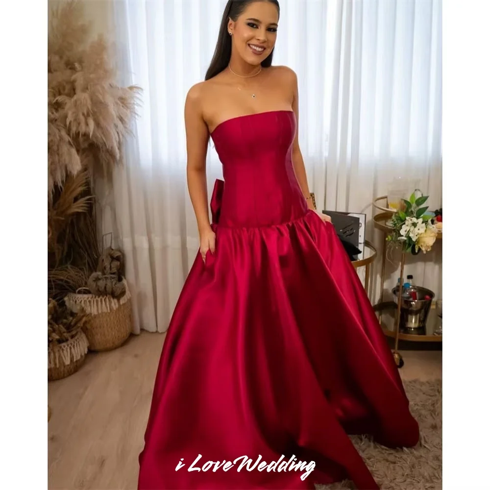 

Red Strapless Evening Dress 2025 Satin Sleeveless Backless Button Bow A-Line Lace-Up Floor-Length Wedding Party Dress Customized
