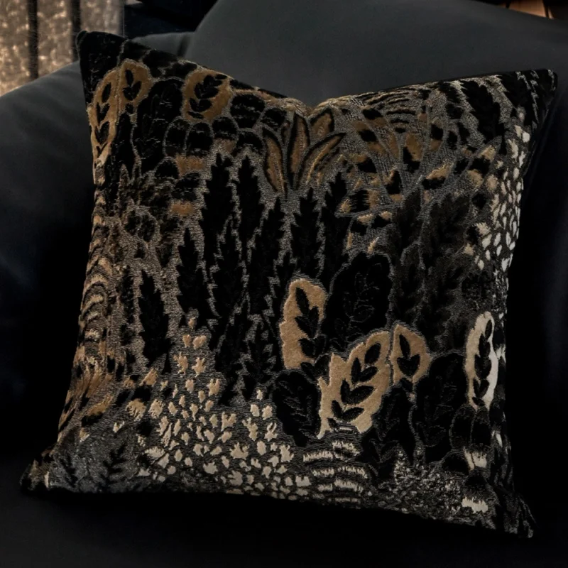 Botanical Forest Velvet Throw Pillow Cover Black  Tan Textured Jacquard Luxury Cushion Case Modern Rustic Decorative Pillows