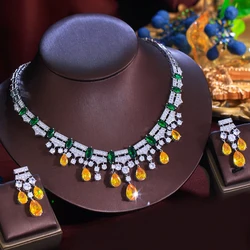 ThreeGraces Luxury Yellow Green Zirconia Water Drop Tassel Necklace Earrings Wedding Bridal Party Jewelry Set for Women T1048