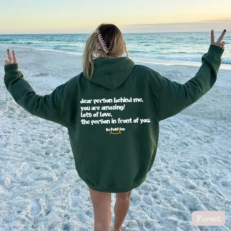 DEAR PERSON BEHIND ME Women's Fleece Hoodie with Lettering Slogan Print Kangaroo Pocket Drawstring Print Hoodie Oversize