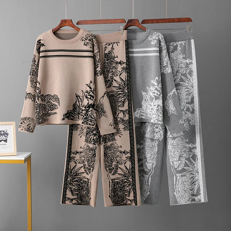 Fashion Women\'s Set Spring and Autumn New Ink Painting Long Sleeve Hoodie Sweater Loose Wide Leg Pants Knitted Two Piece Set