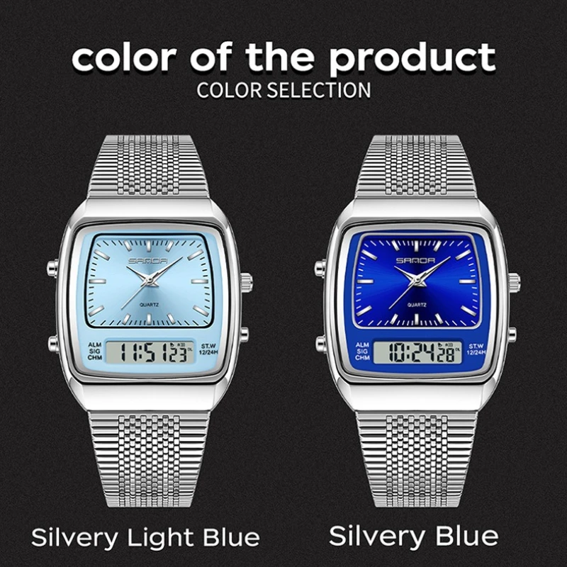 SANDA 3393 Men's Business Watch Fashion Trend Night Light Waterproof Dual Display Steel Belt Watch Wine Bucket Mens Watches