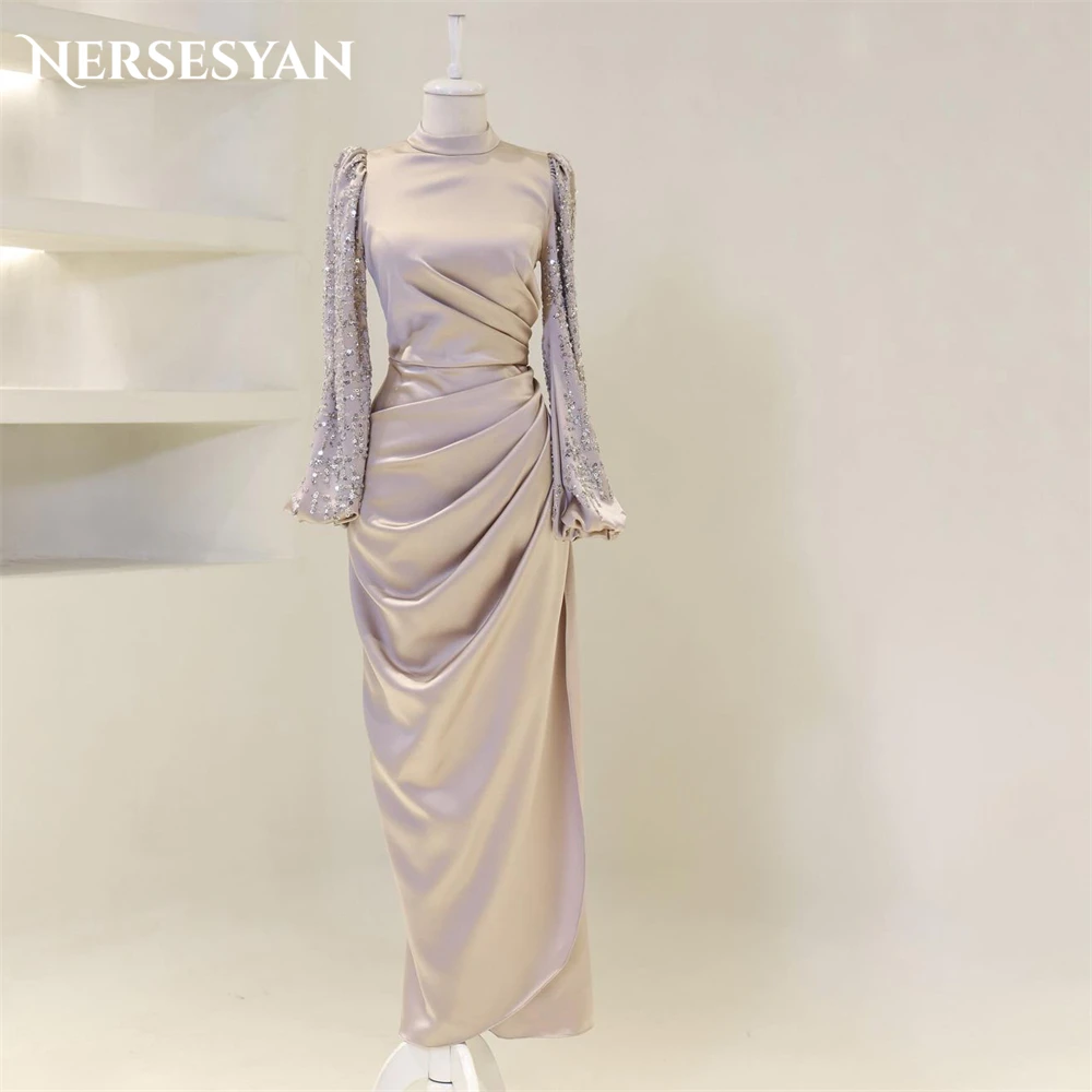 

Nersesyan Muslim Glitter Solid Party Gowns For Evening High Neck Pleats Mermaid Lace Sparkly Wedding Prom Dresses Saudi Arabia