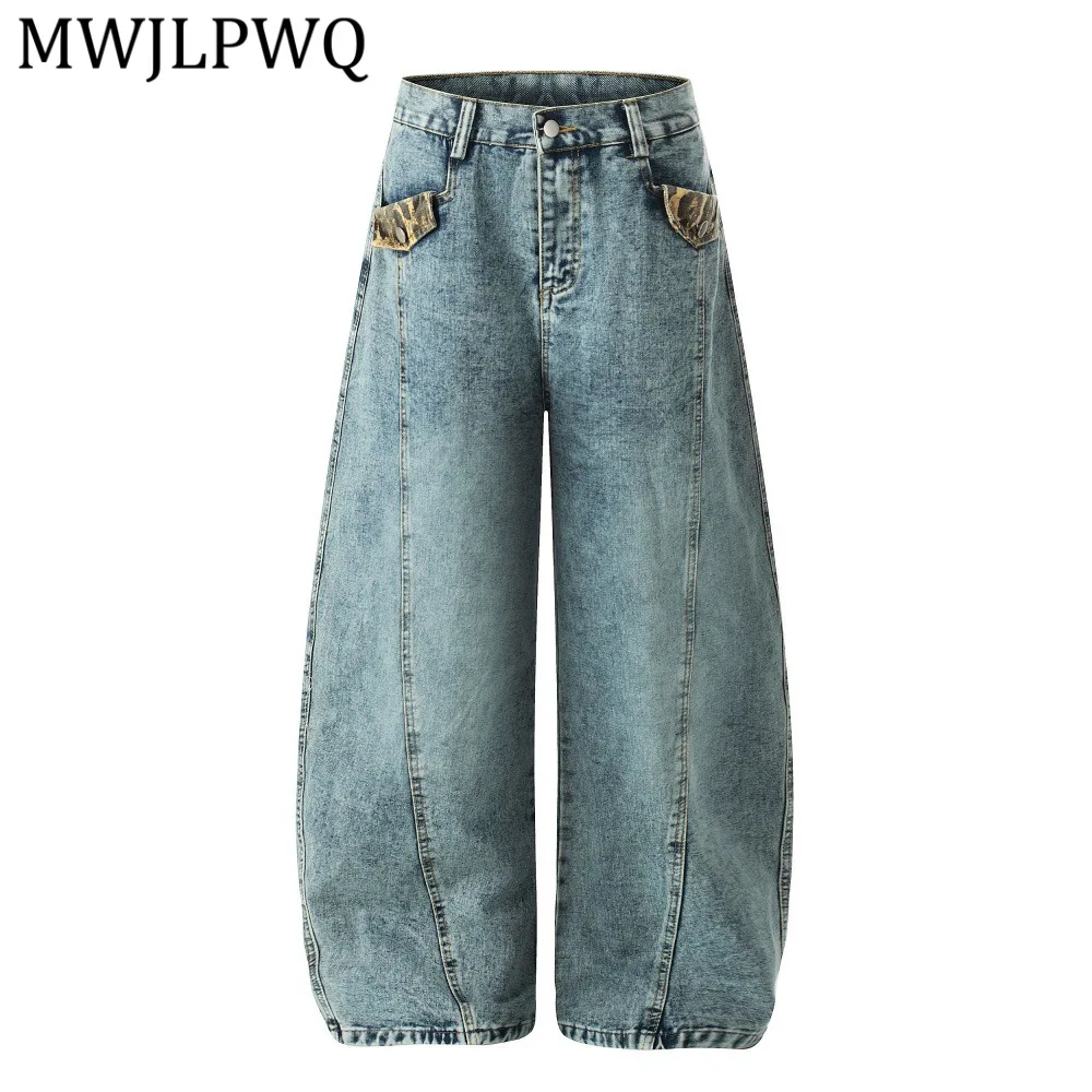 

MWJLPWQ American Retro Washed Distressed Curved Jeans Male Street Punk Deconstructed Patchwork Design Wide-Leg Trousers 14627