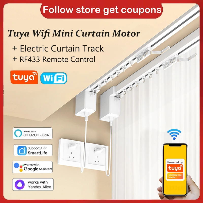 

Tuya mini Smart WiFi Curtain Motor Electric Curtain Track Rail Customizable Cornice Support Alexa Google Home Smart Life App