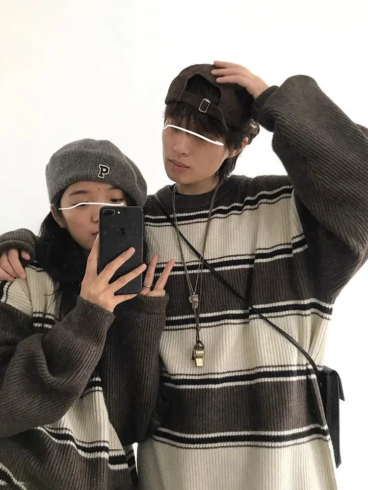 

Вязаный свитер Jiwuus в стиле ретро с полосками для пар, зимний, свободного кроя, мужской, модный, повседневный, с круглым вырезом, с длинными рукавами