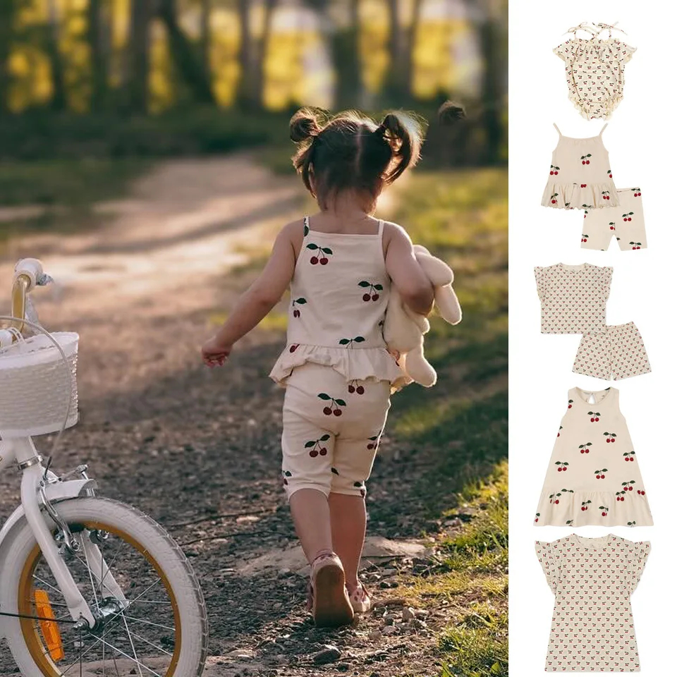 

2024 children's clothing ks cherry vest suspender sleeveless dress fly sleeve set crawling clothes for girls Konges Slojd 24SS