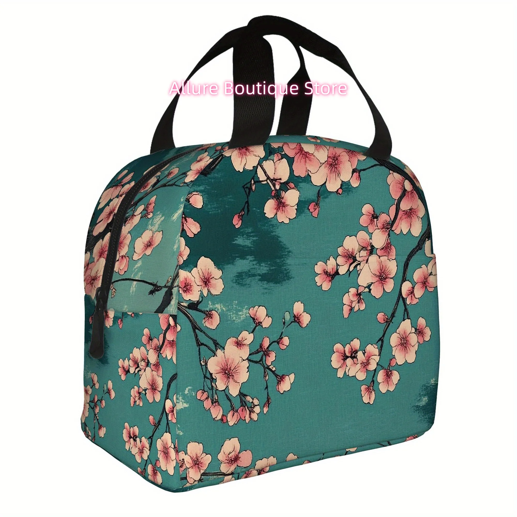 1pc Thermal Insulated Bag with Cherry Blossom Floral design - Pink Sakura Flowers on Teal Background, Non-Food Contact Insulated