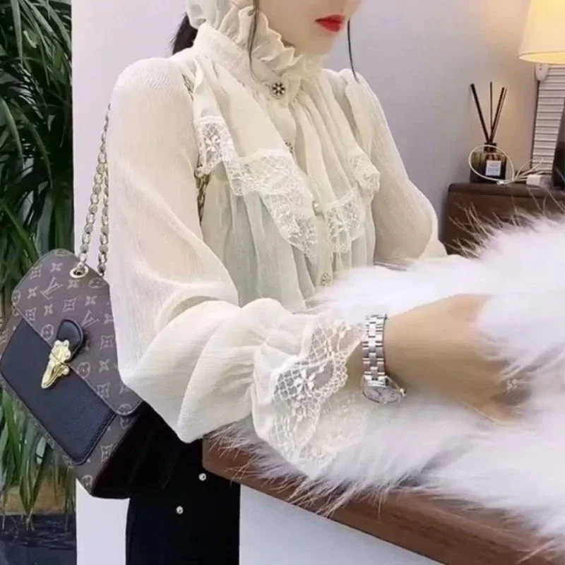 

New Spring and Autumn Splicing Half High Collar Button Lace Fashion Solid Color Loose Casual Long Sleeves Blouses Shirts Women