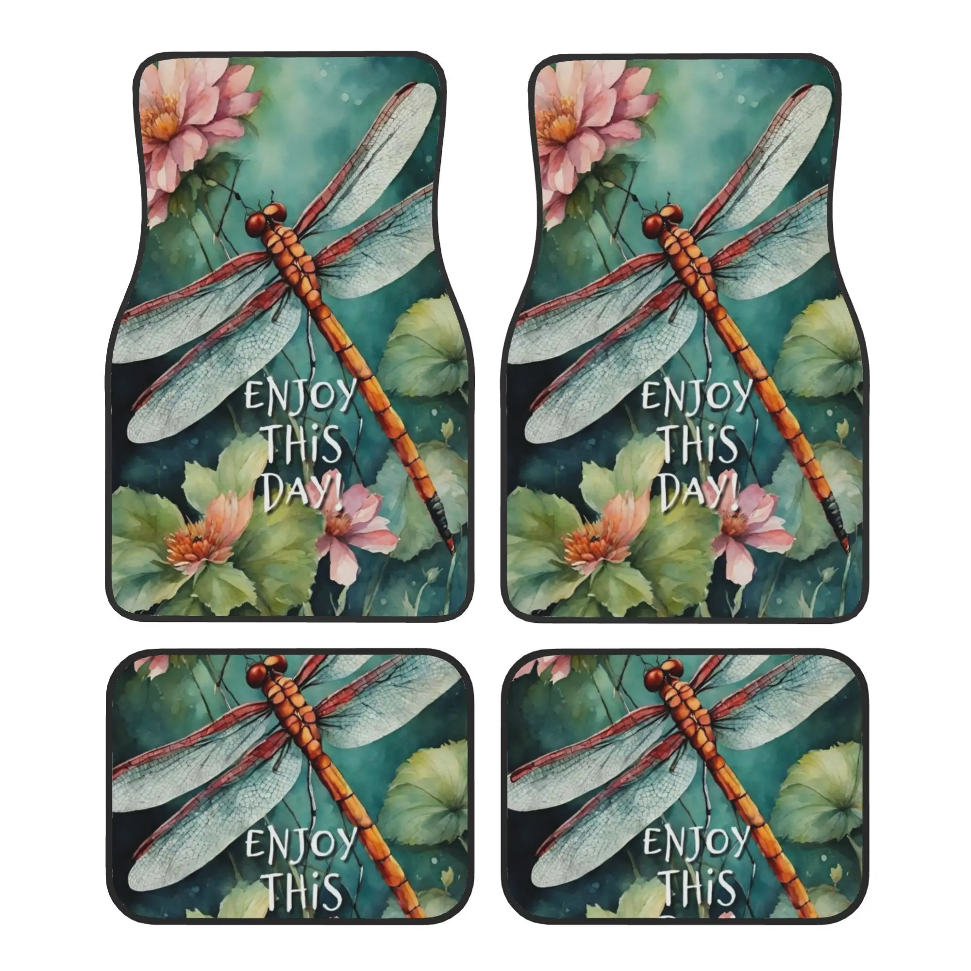 4pcs Dragonfly Floral Watercolor Printed Car Floor Mats, For The Front And Rear Seats Carpets Of Most Cars, For Car Interior Pro