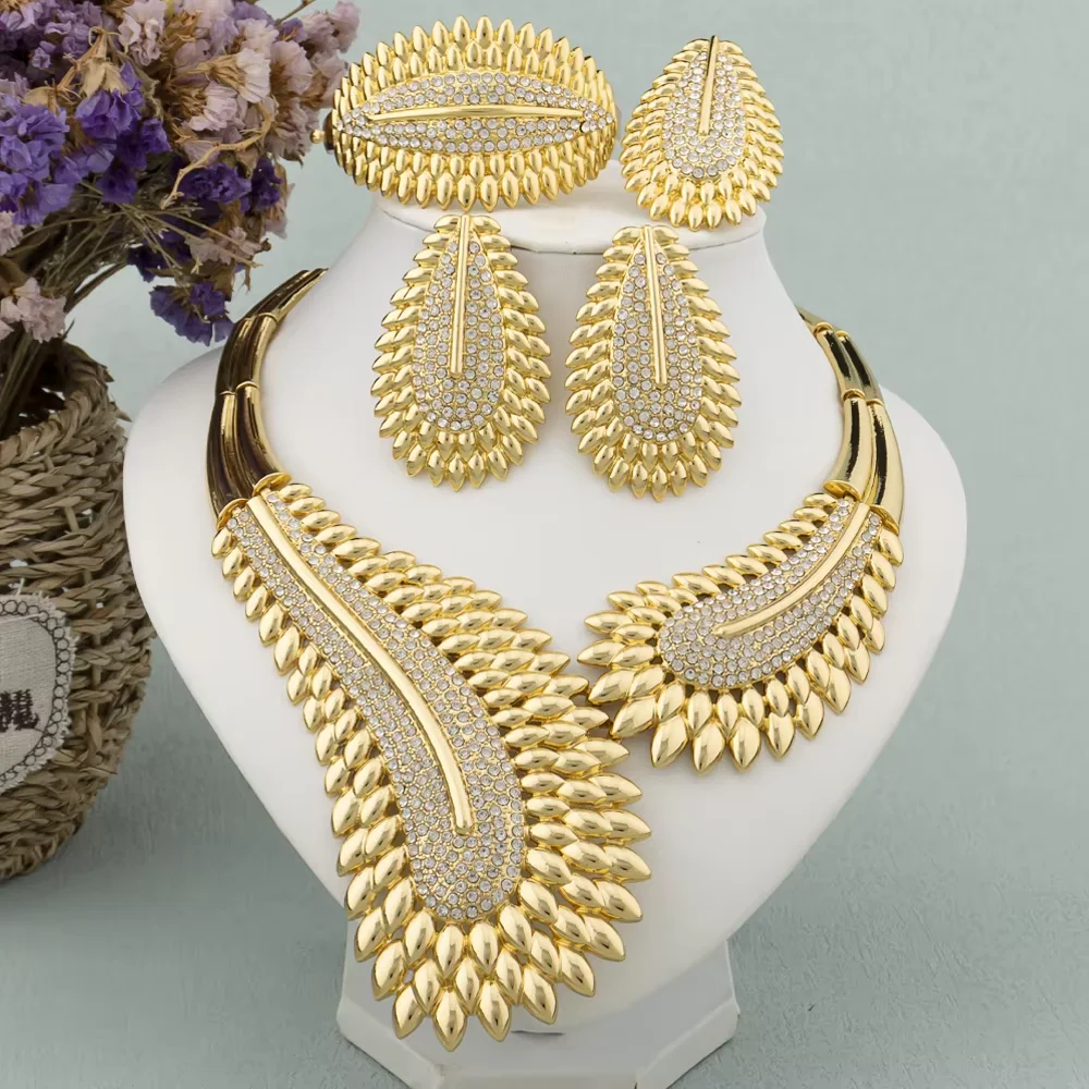 

Trendy Colorful Jewelry Set for Women Zircon Collor Earrings and Necklace Large Gold Plated Bracelet Ring New Style Jewelry Gift