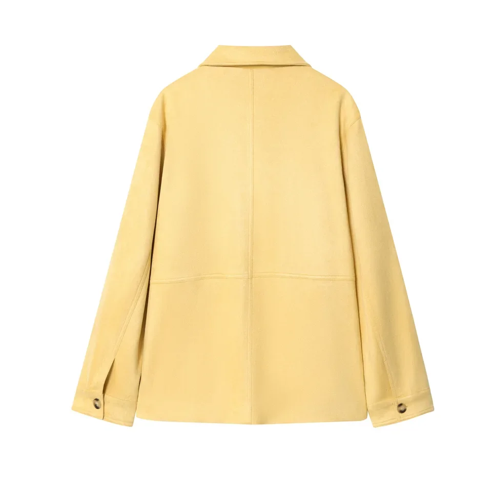 2025 New Yellow Lapel Metal Buttons Multi Pocket Suede Short Women Fashion Casual Versatile Top