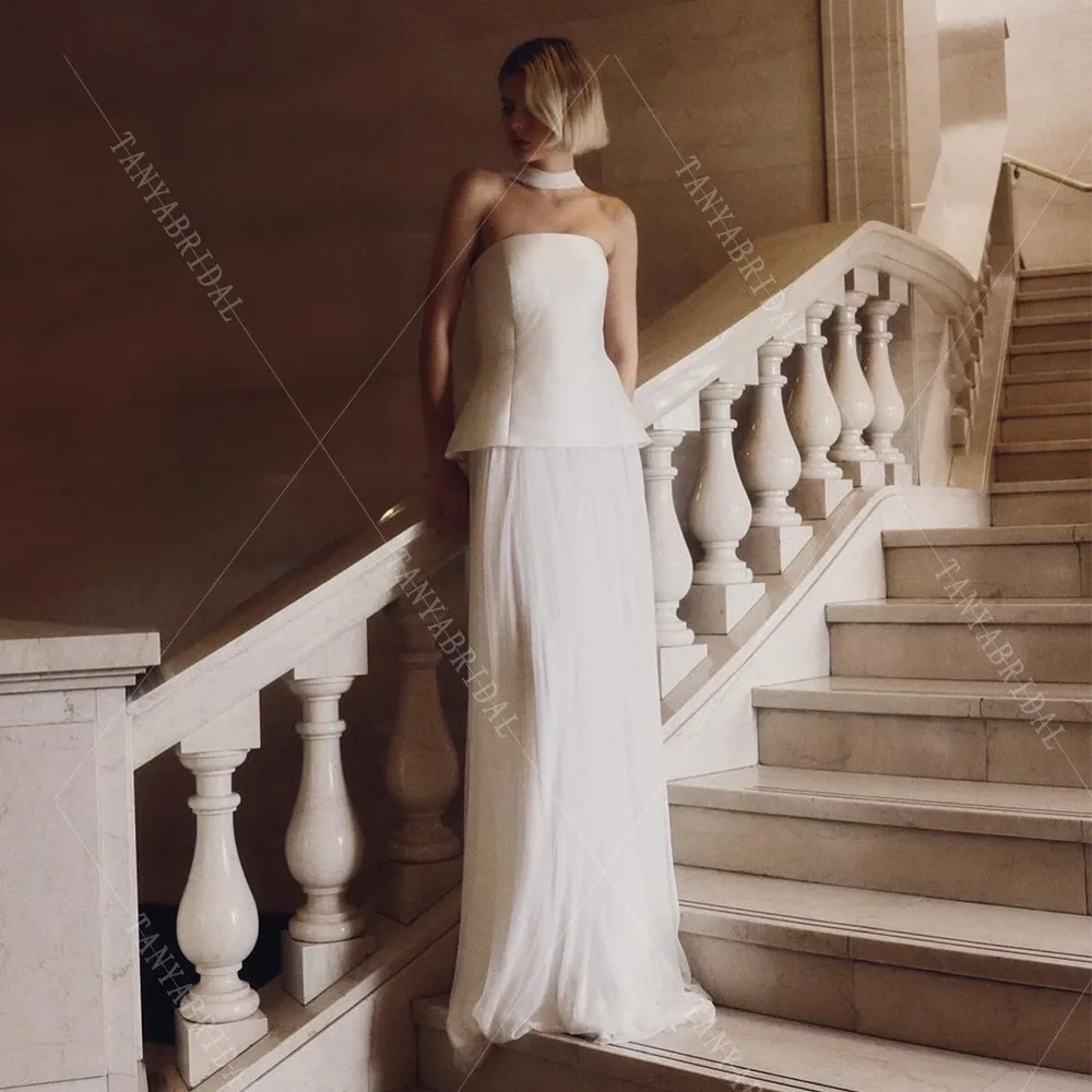 Strapless Sleeveless Simple Wedding Dress A Line Elegant Satin And Tulle Bridal Gown Simple Bridal Photoshoot Dress TSWD605