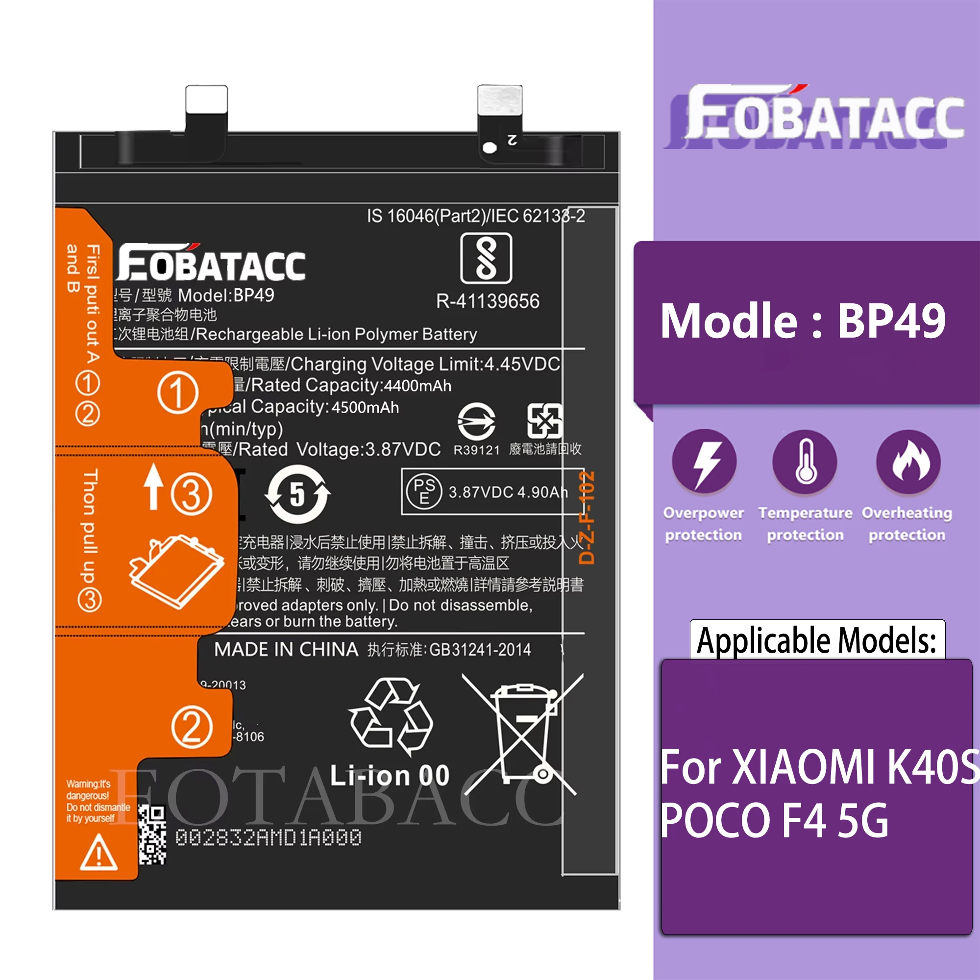 

EOTABACC 100% New Original Battery BP49 For XIAOMI POCO F4 5G /K40S Battery +Tools