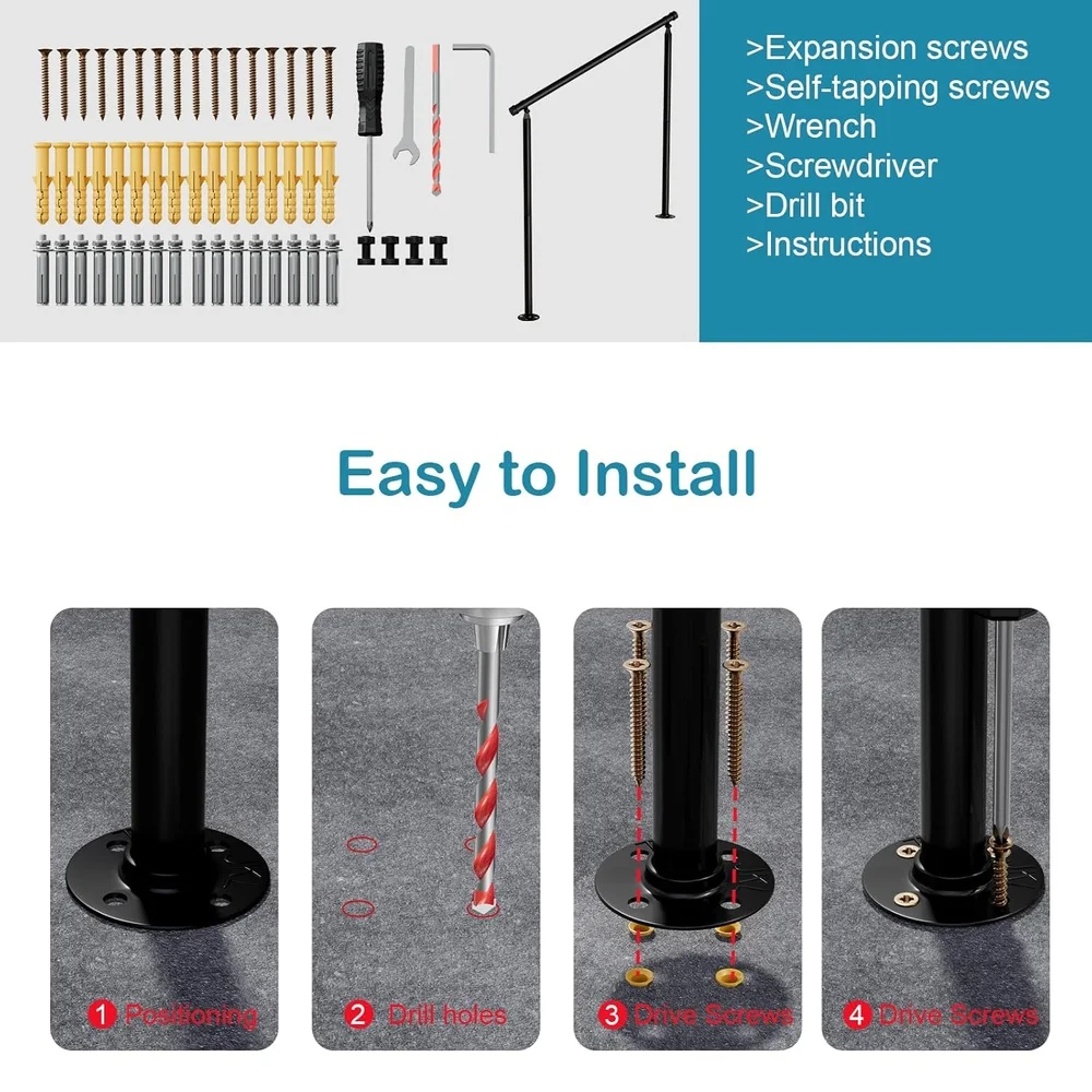 2 Pack Outdoor Handrails 3 Step Wrought Iron Stair Railing Heavy Duty Easy Install Stability Safety Support Steps