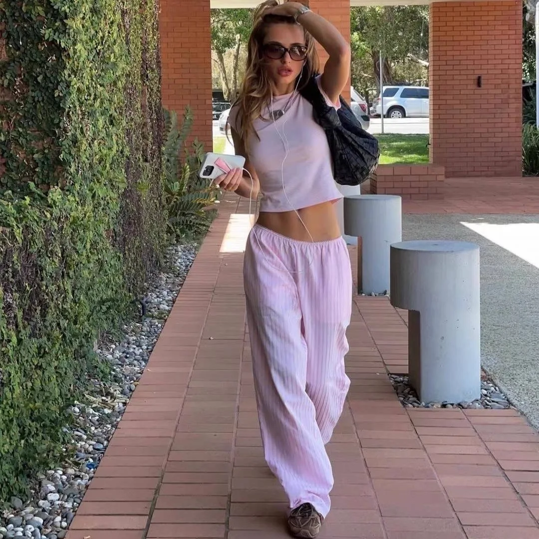 

Lioness Casual Minimalist Stripe Slim-Fit Short-Sleeve Top & Loose-Fit Pink Striped Pants Set