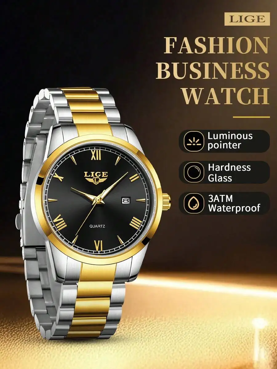 

LIGE Men's Classic Quartz Watch, Water Resistant, Luminous Dial, Stainless Steel Strap, Dual Time Zone Design