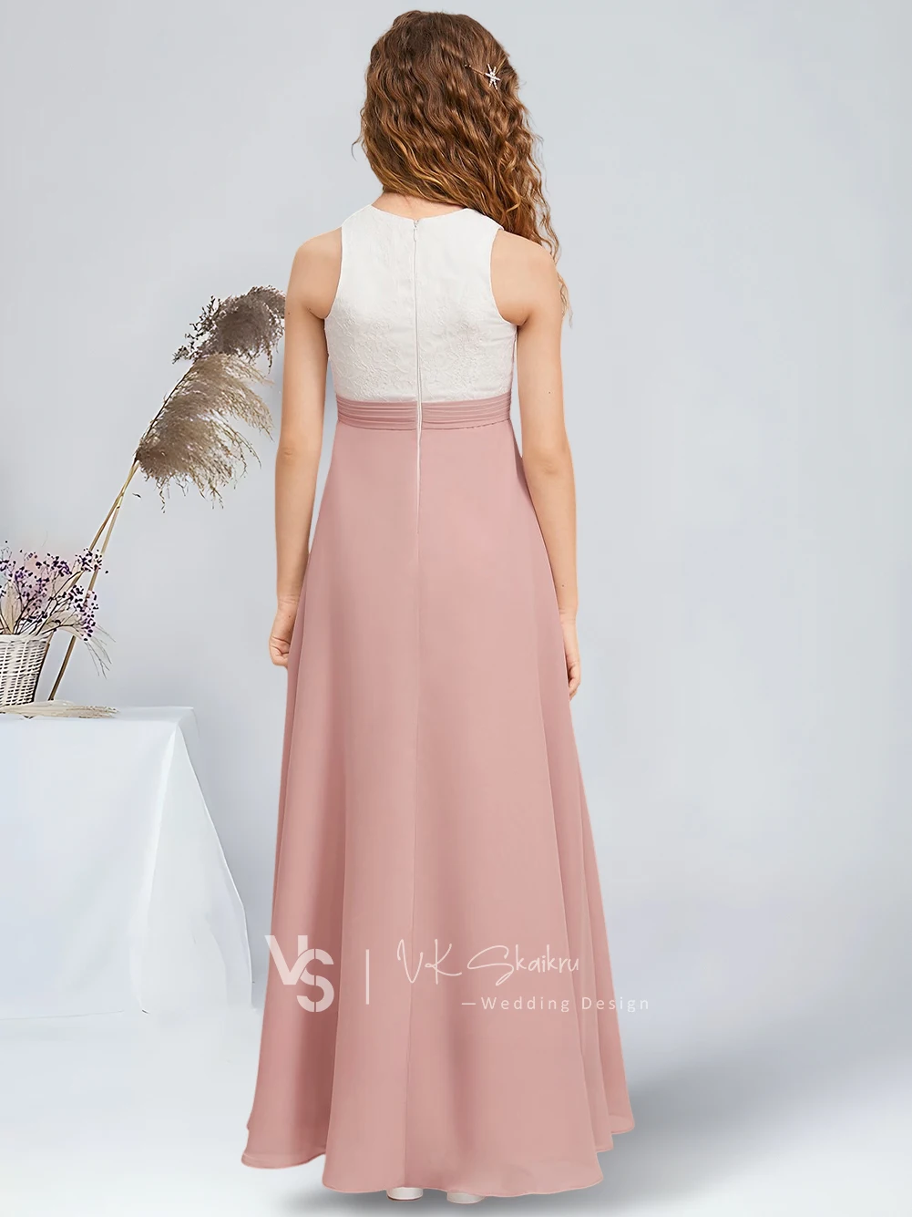 Elegant A-Line Scoop Floor-Length Chiffon Lace Junior Bridesmaid Dresses Dusty Rose Stunning Flower Girl Dresses Party Wedding