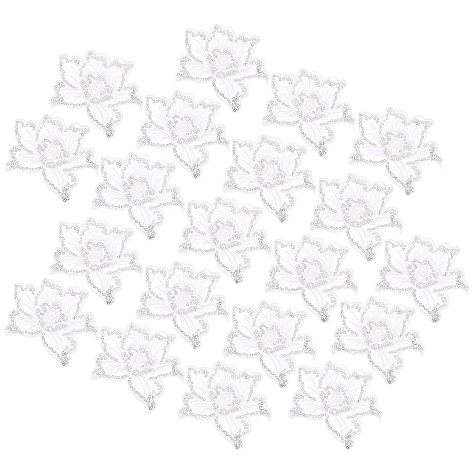 

20 Pcs Embroidered Cloth Patch Sequins Child Apparel Clothes Polyester Applique Sew on Patches White Color Flower Iron On