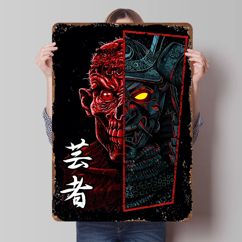 Demonic Samurai Split Portrait Printed Poster Customized Retro Wall Art Vintage Metal Tin Signs for Gaming Room Decoration Cozy