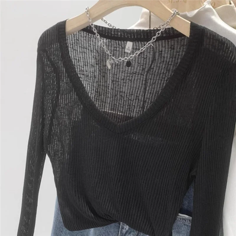 Summer Thin Long Sleeve V-Neck Knitted Top Women\'s Spring Autumn New Design Layering Shirt Lightweight Breathable T-Shirt